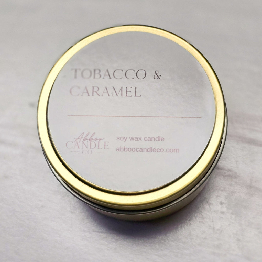 Tobacco and Caramel Gold Tin Soy Candle
